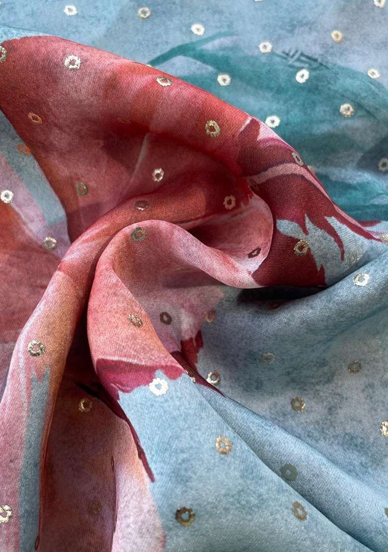 Ocean Blue Floral Print Georgette Sharara Set - Indya