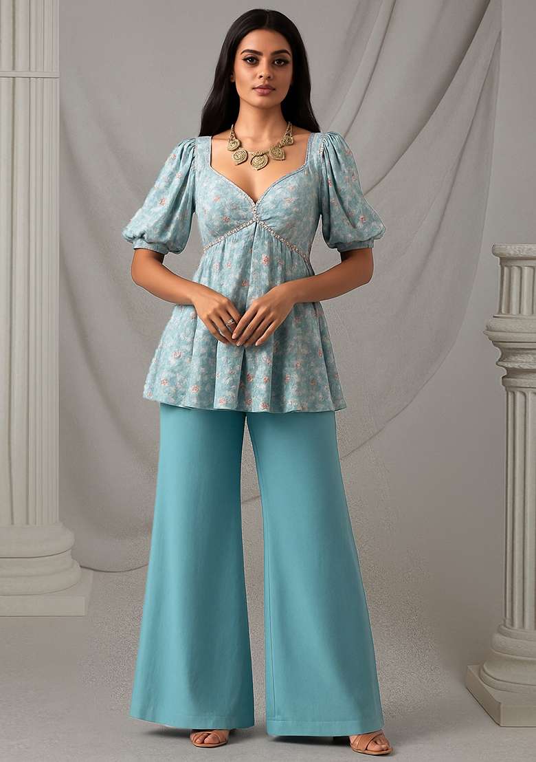 Sky Blue Floral Print Georgette Co Ord Set - Indya