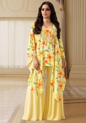 Yellow Printed Satin Georgette Kurta Set