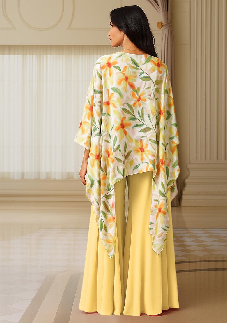 Yellow Printed Satin Georgette Kurta Set - Indya