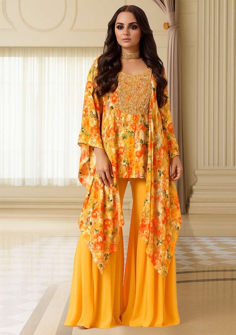 Multicolor Embroidered Satin Sharara Set - Indya