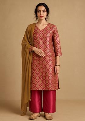 Magenta Pink Jacquard Brocade Kurta Set