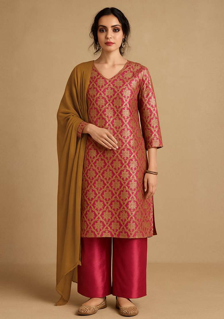Magenta Pink Jacquard Jacquard Straight Kurta Set - Indya