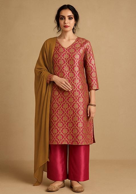 Magenta Pink Jacquard Jacquard Straight Kurta Set