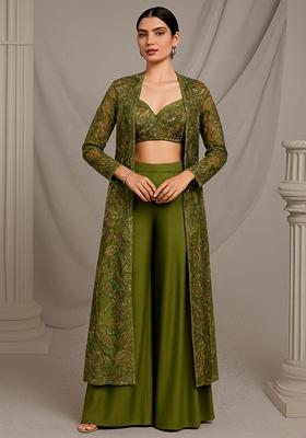 Dark Green Embroidered Crepe Kurta Set