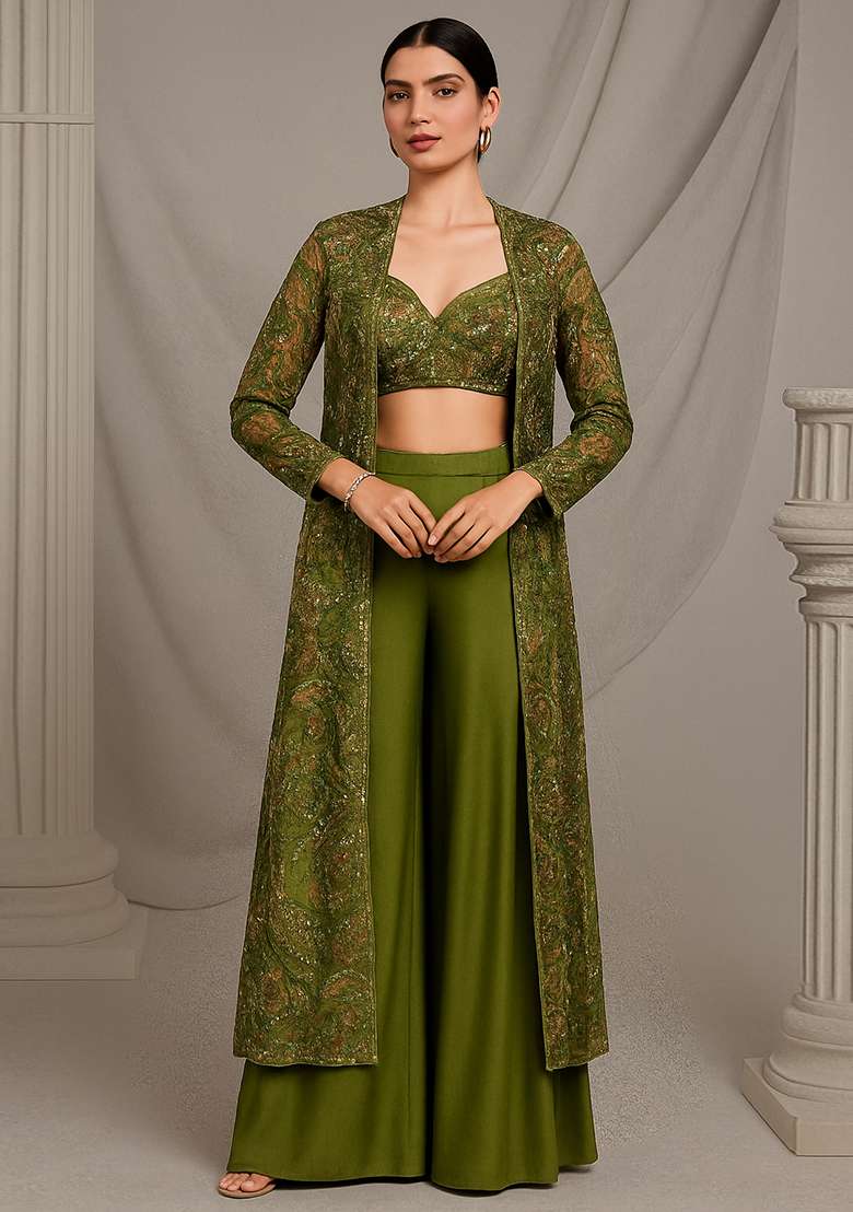 Dark Green Printed Crepe Co Ord Set - Indya
