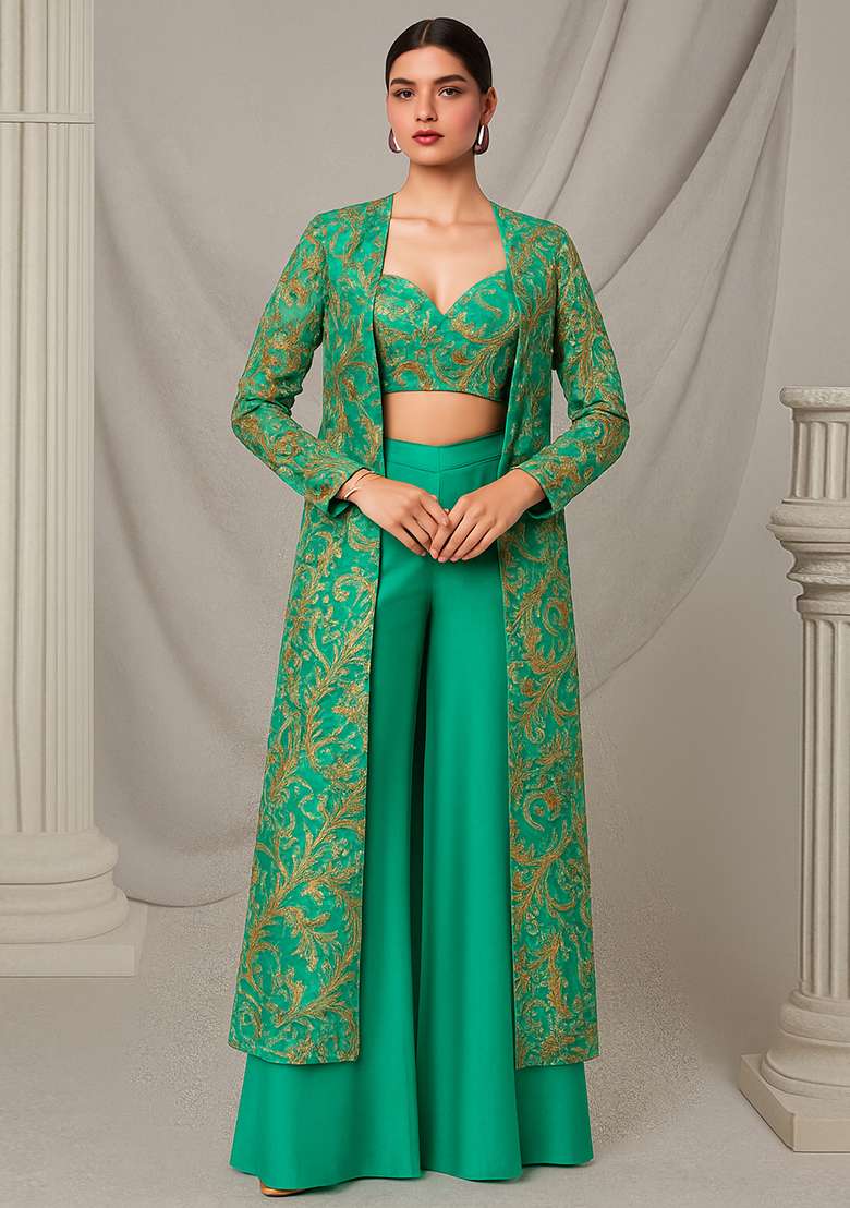 Green Embroidered Crepe Co Ord Set - Indya