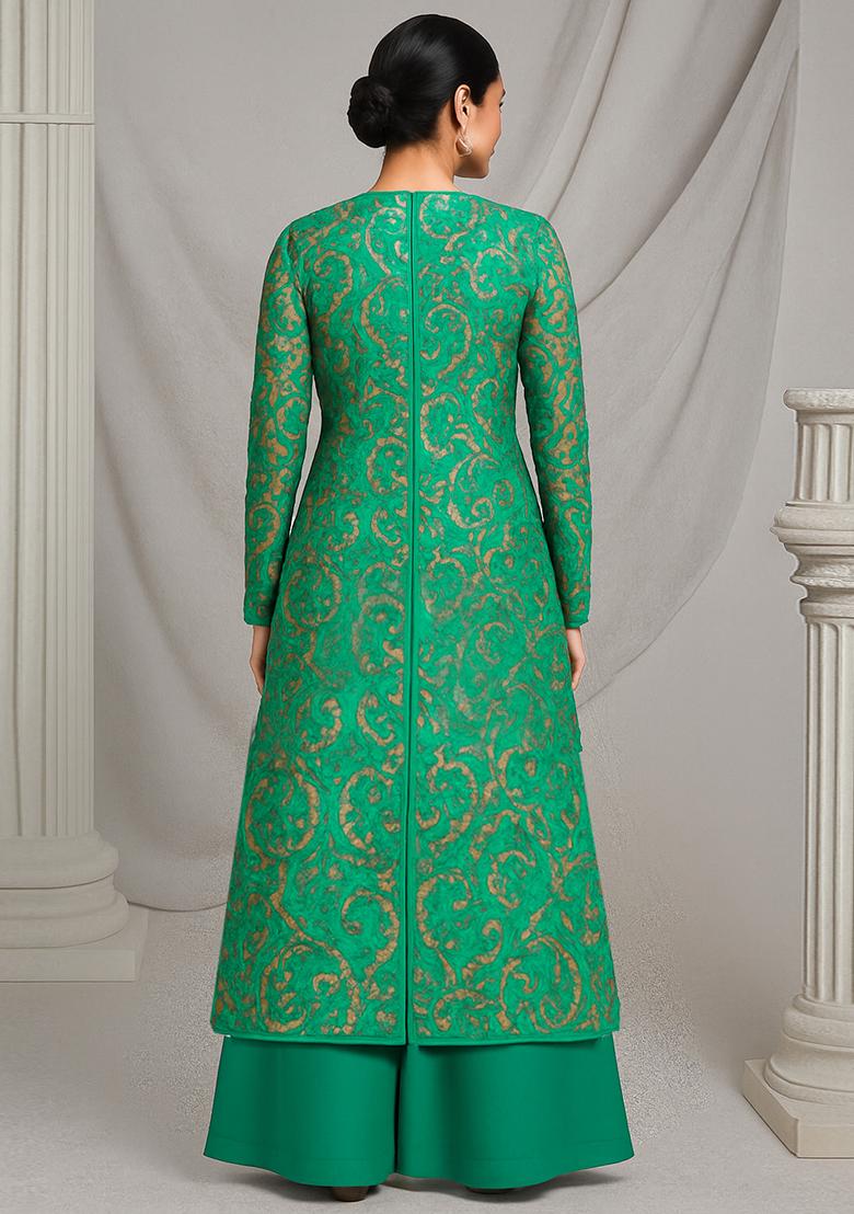 Green Embroidered Crepe Kurta Set - Indya