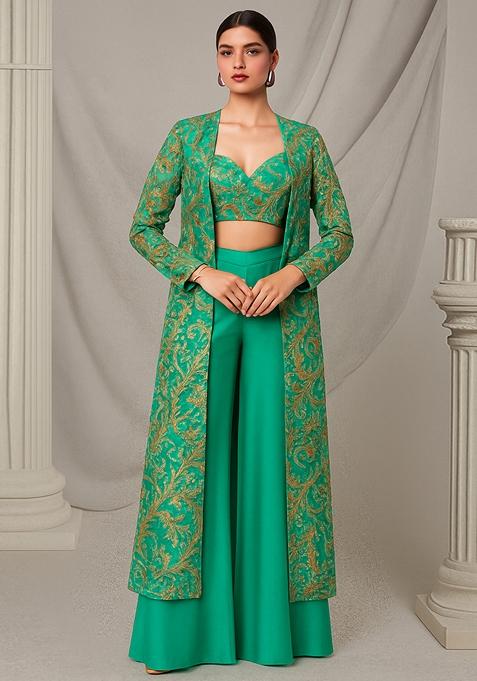 Green Embroidered Crepe Fusion Set