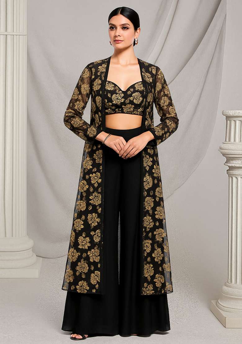 Black Floral Print Georgette Co Ord Set - Indya