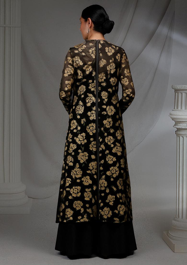 Black Sequin Embroidered Georgette Kurta Set - Indya