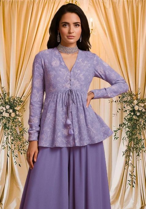 Purple Embroidered Chanderi Kurta Set