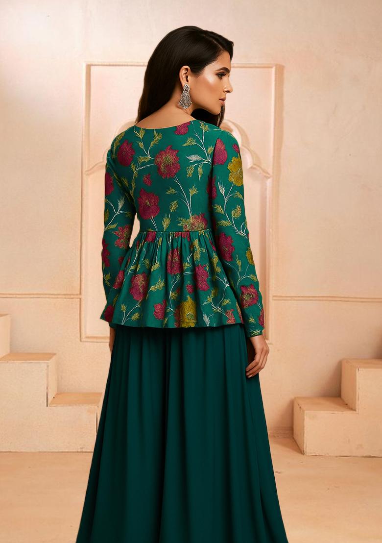 Dark Green Embroidered Chanderi Kurta Set - Indya