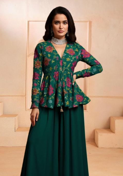 Dark Green Embroidered Chanderi Kurta Set