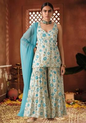 Off White Chanderi Silk Printed Sharara Set