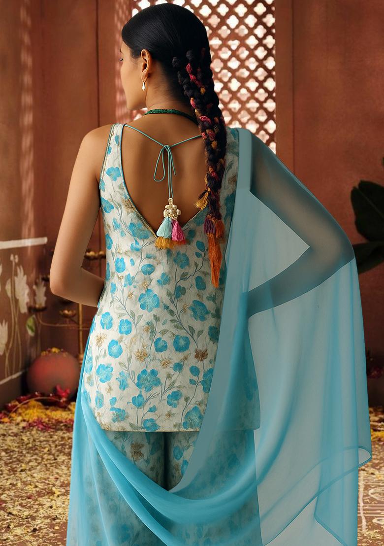 Off White Chanderi Silk Printed Sharara Set - Indya