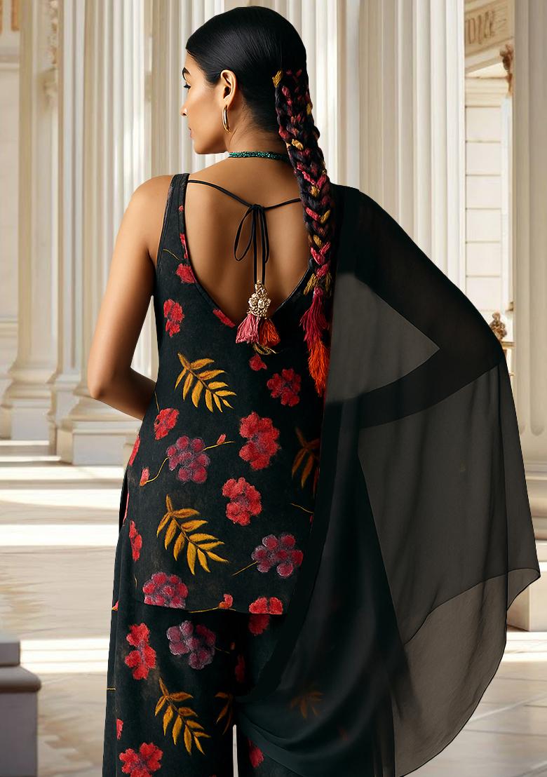 Charcoal Grey Cotton Printed Sharara Set - Indya