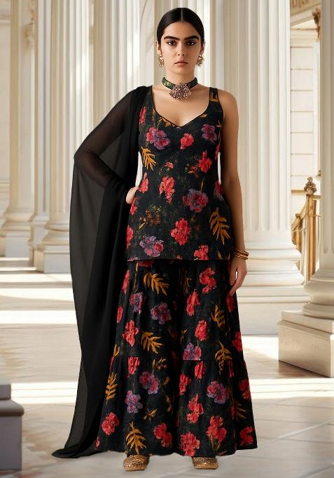 Charcoal Grey Cotton Printed Sharara Set