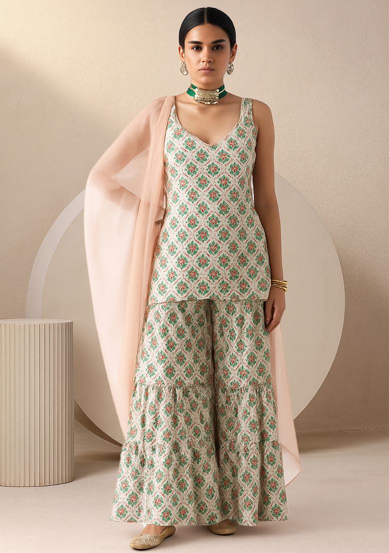 White Cotton Printed Sharara Set