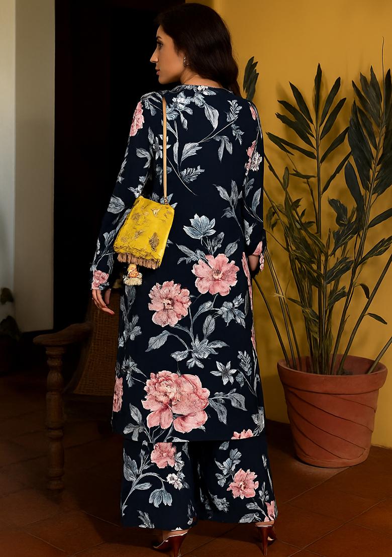 Black Crepe Printed Kurta Set - Indya