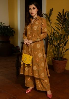 Beige Cotton Printed Kurta Set