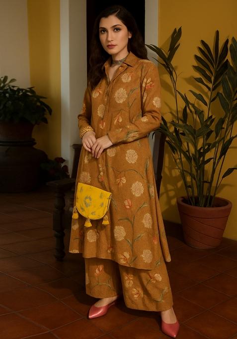 Beige Cotton Printed Kurta Set