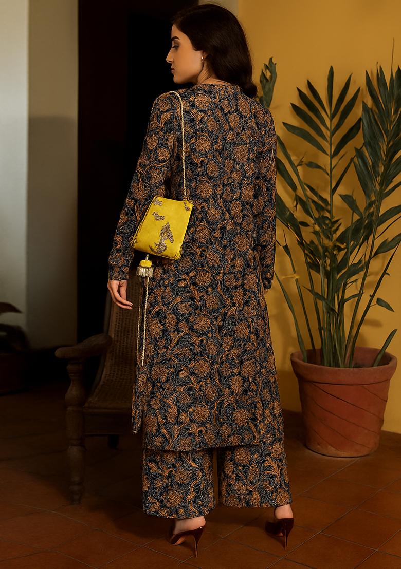 Navy Blue Cotton Printed Kurta Set - Indya