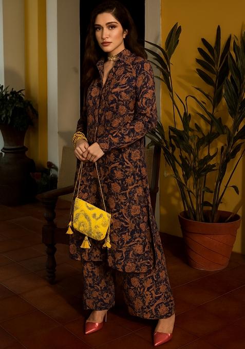 Navy Blue Cotton Printed Kurta Set