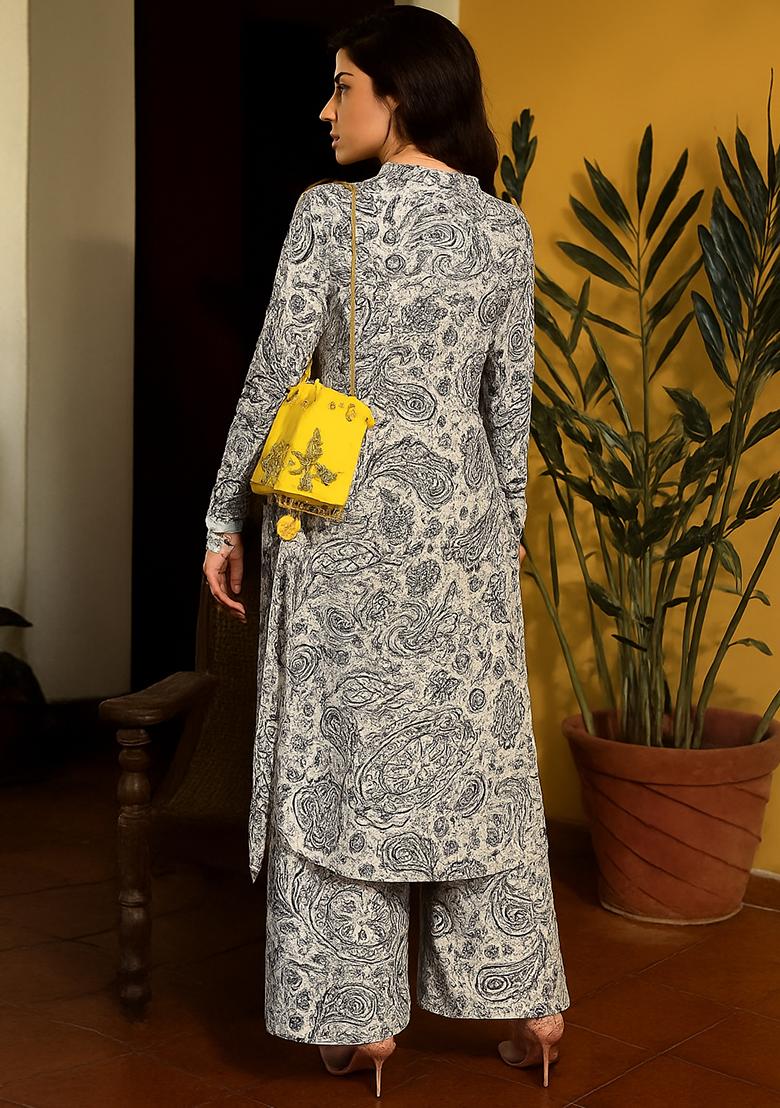 White Cotton Printed Kurta Set - Indya