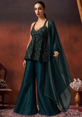 Teal Green Chinon Embroidered Kurta Set