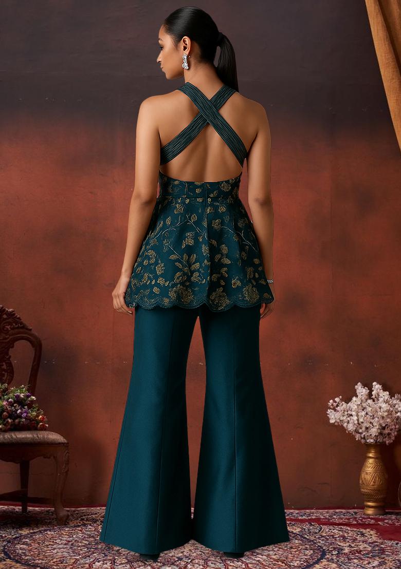 Teal Green Chinon Embroidered Kurta Set - Indya