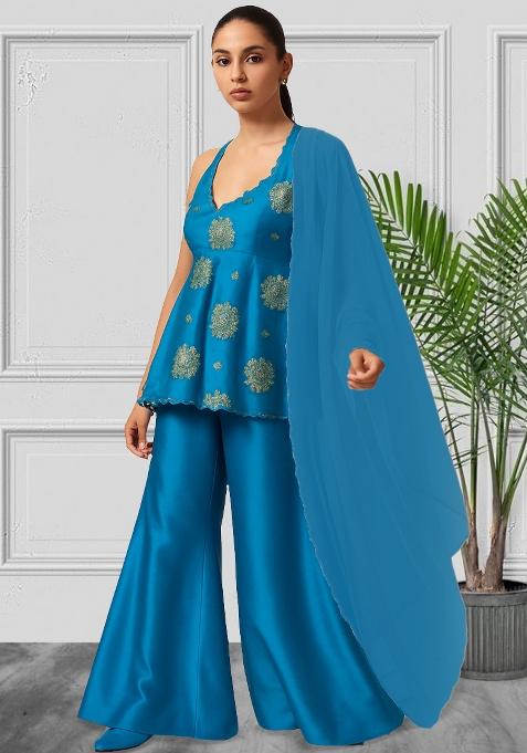 Bright Blue Chinon Printed Kurta Set