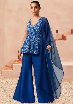 Blue Chinon Printed Kurta Set