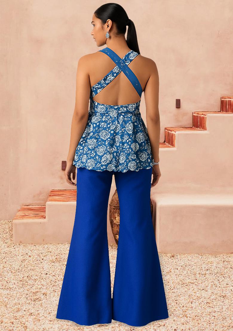 Blue Chinon Printed Kurta Set - Indya