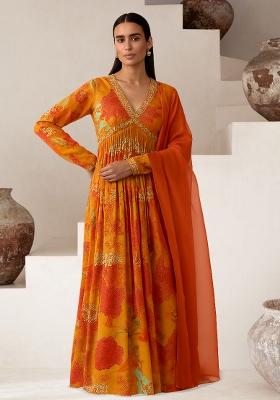 Saffron Orange Chinon Printed Anarkali Set