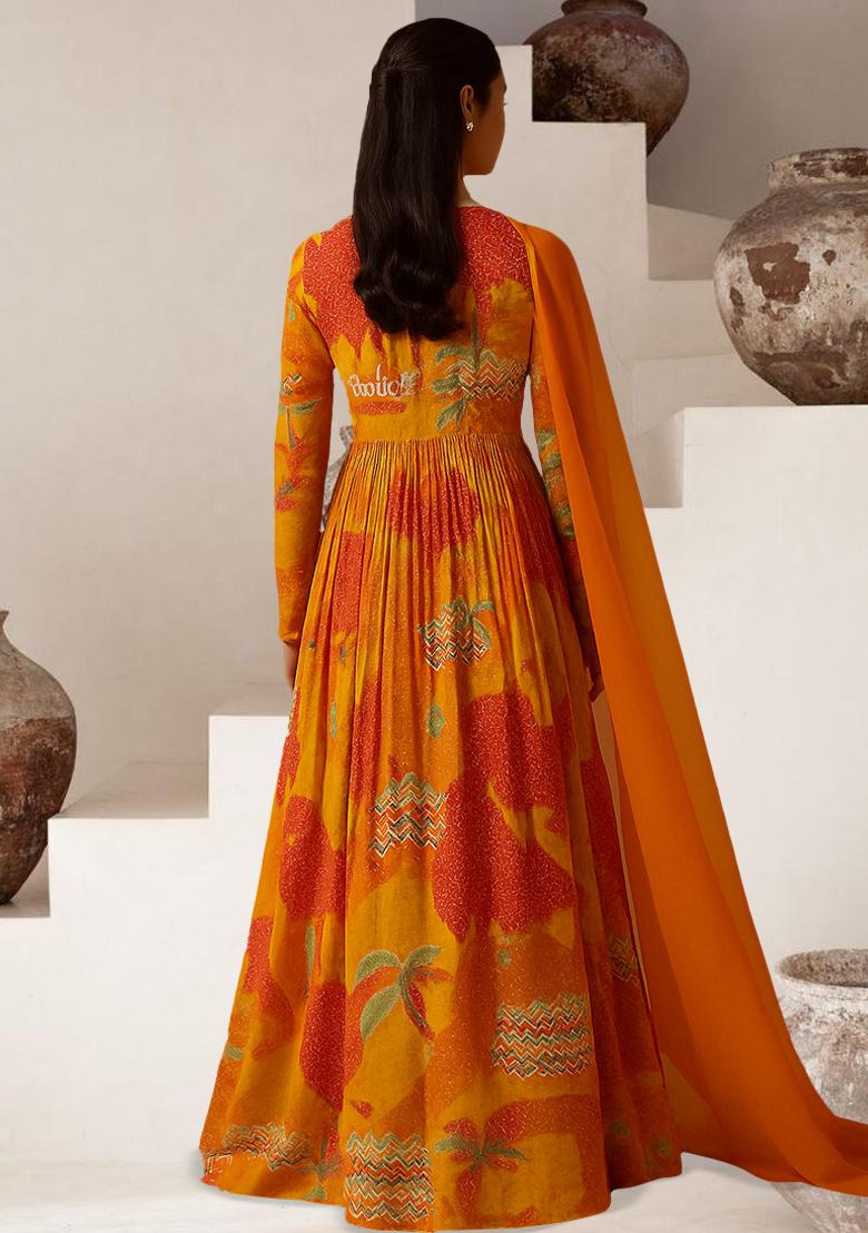 Saffron Orange Chinon Printed Anarkali Set - Indya
