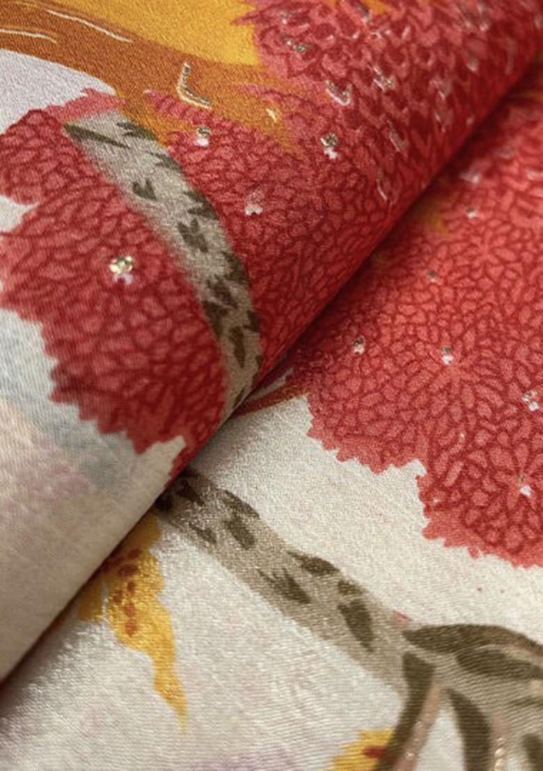 Saffron Orange Chinon Printed Anarkali Set - Indya