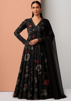 Black Viscose Printed Anarkali Set