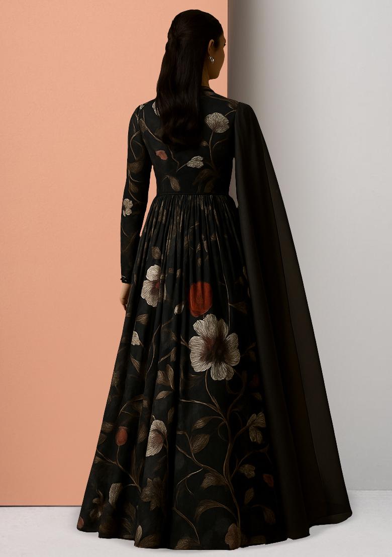 Black Viscose Printed Anarkali Set - Indya