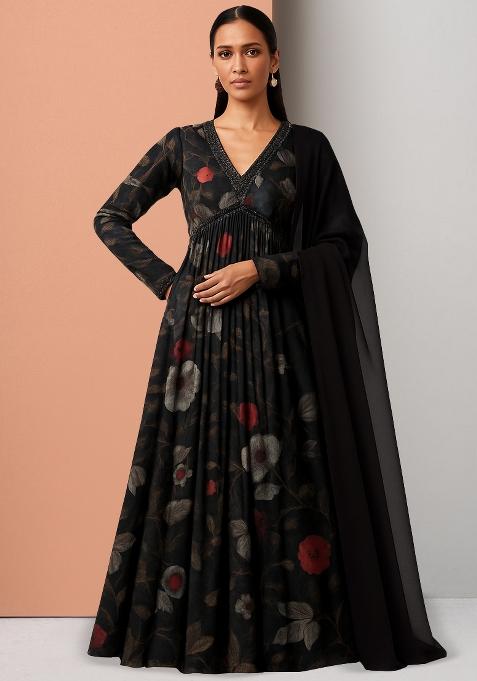 Black Viscose Printed Anarkali Set