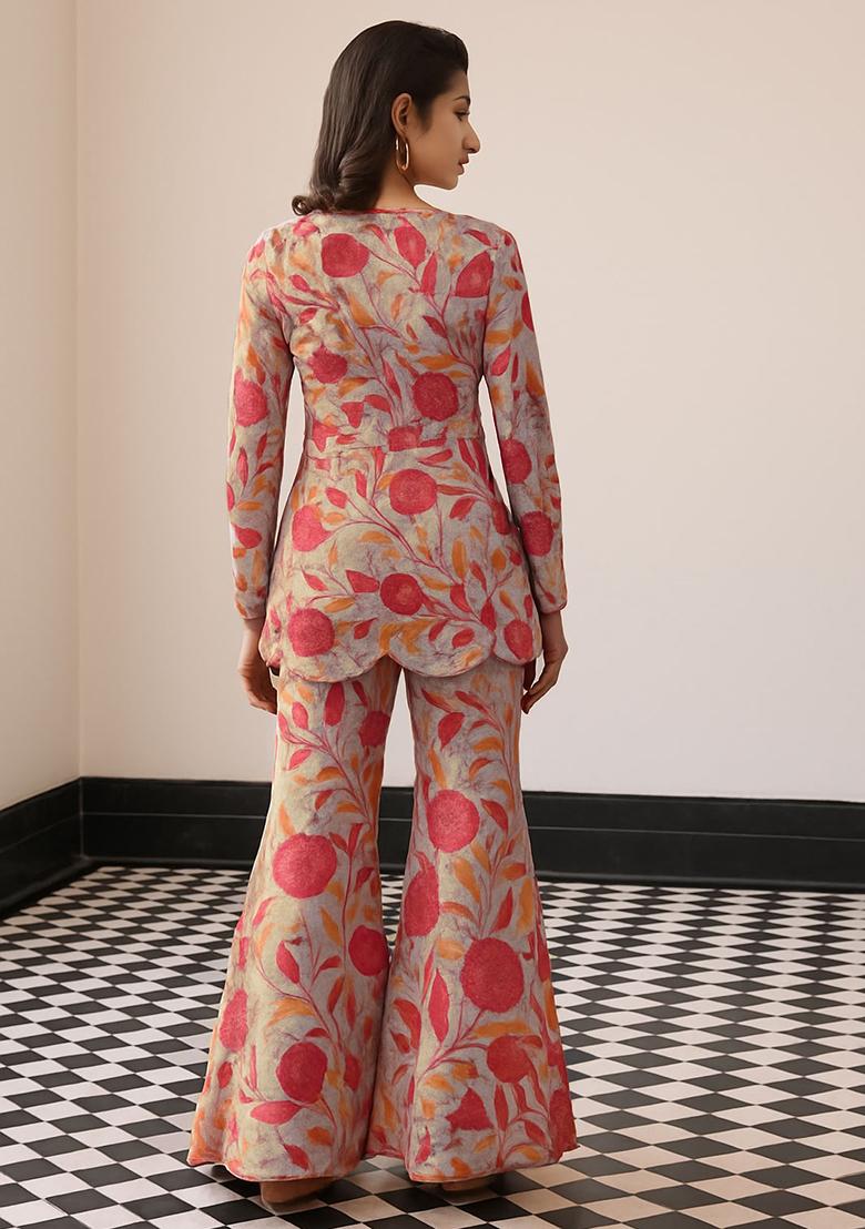 Beige Chiffon Printed Sharara Set - Indya