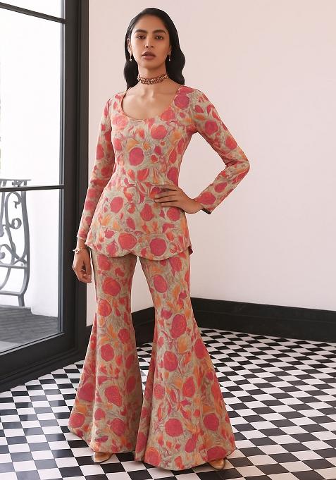 Beige Chiffon Printed Sharara Set