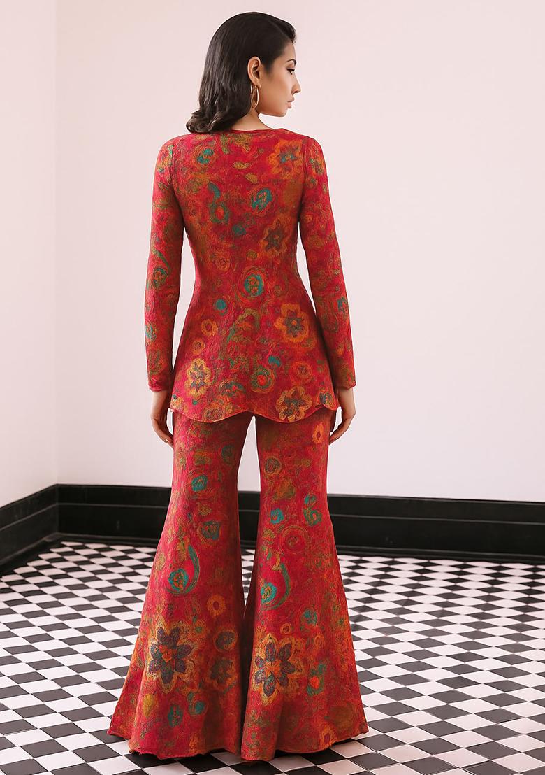 Fiery Red Chiffon Printed Sharara Set - Indya