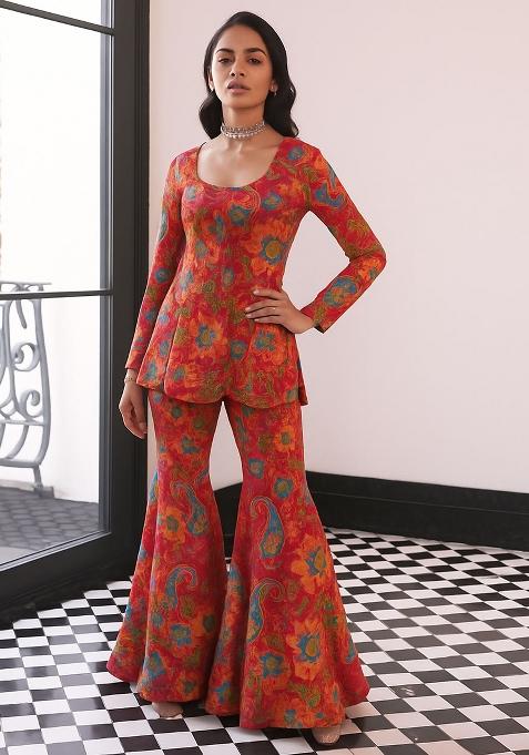 Fiery Red Chiffon Printed Sharara Set