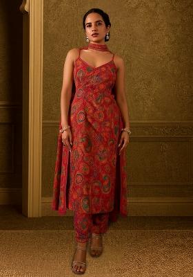 Deep Red Chiffon Printed Kurta Set