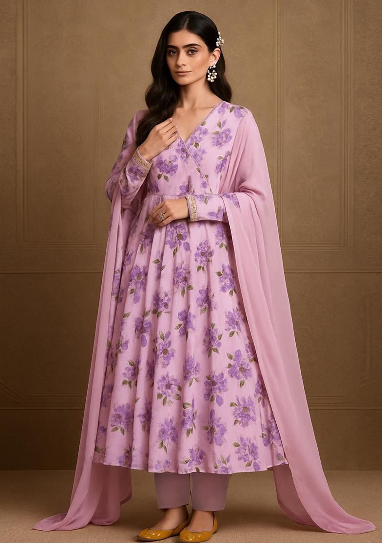 Pink Georgette Printed Anarkali Set