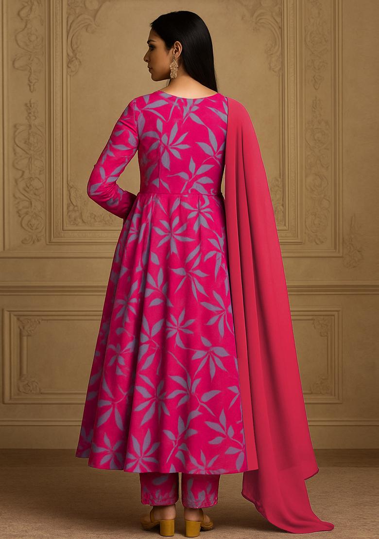 Fuchsia Pink Georgette Printed Anarkali Set - Indya