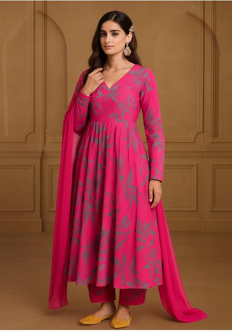 Fuchsia Pink Georgette Printed Anarkali Set