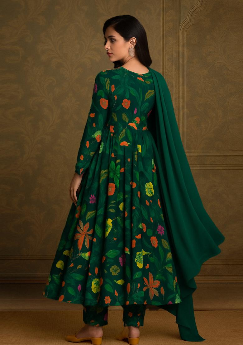 Forest Green Georgette Printed Anarkali Set - Indya