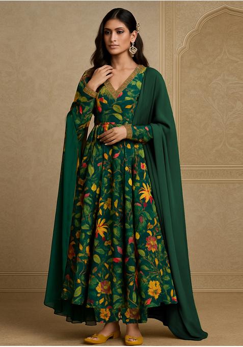 Forest Green Georgette Printed Anarkali Set